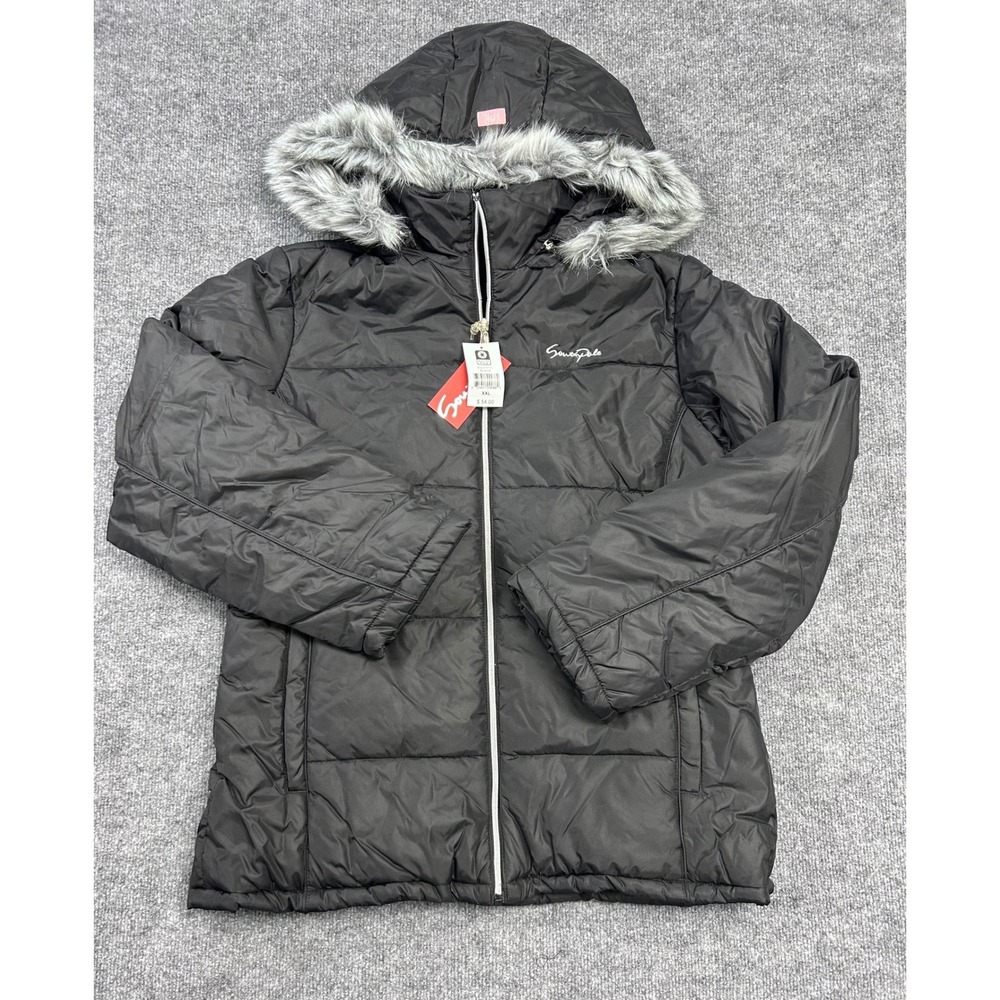 Southpole‎ Vintage Junior Puffer Jacket Hooded Faux Fur Trim Black L NEW